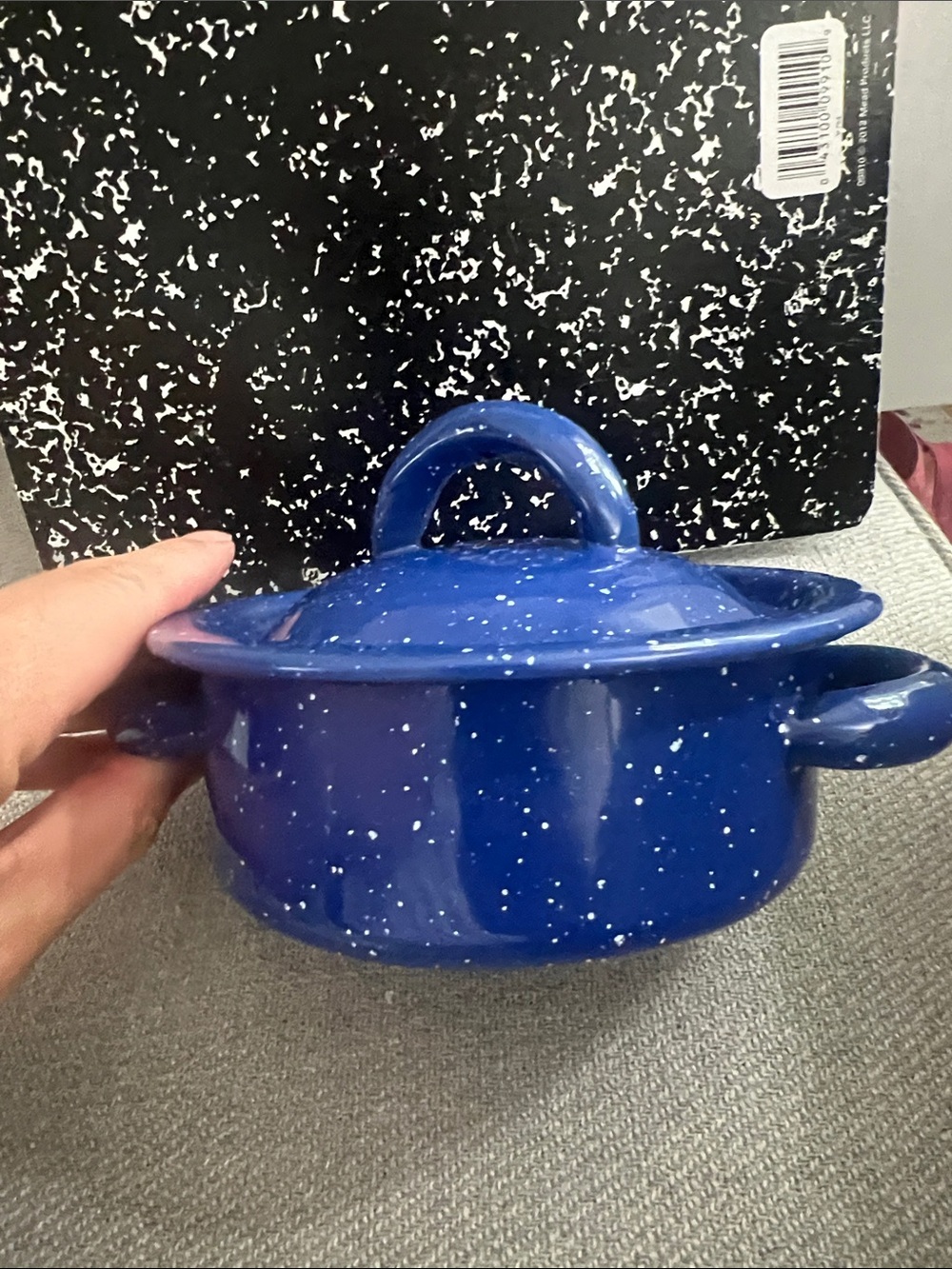 BISA Miniature Blue & White Spatter Enamelware Stock Pot with a lid